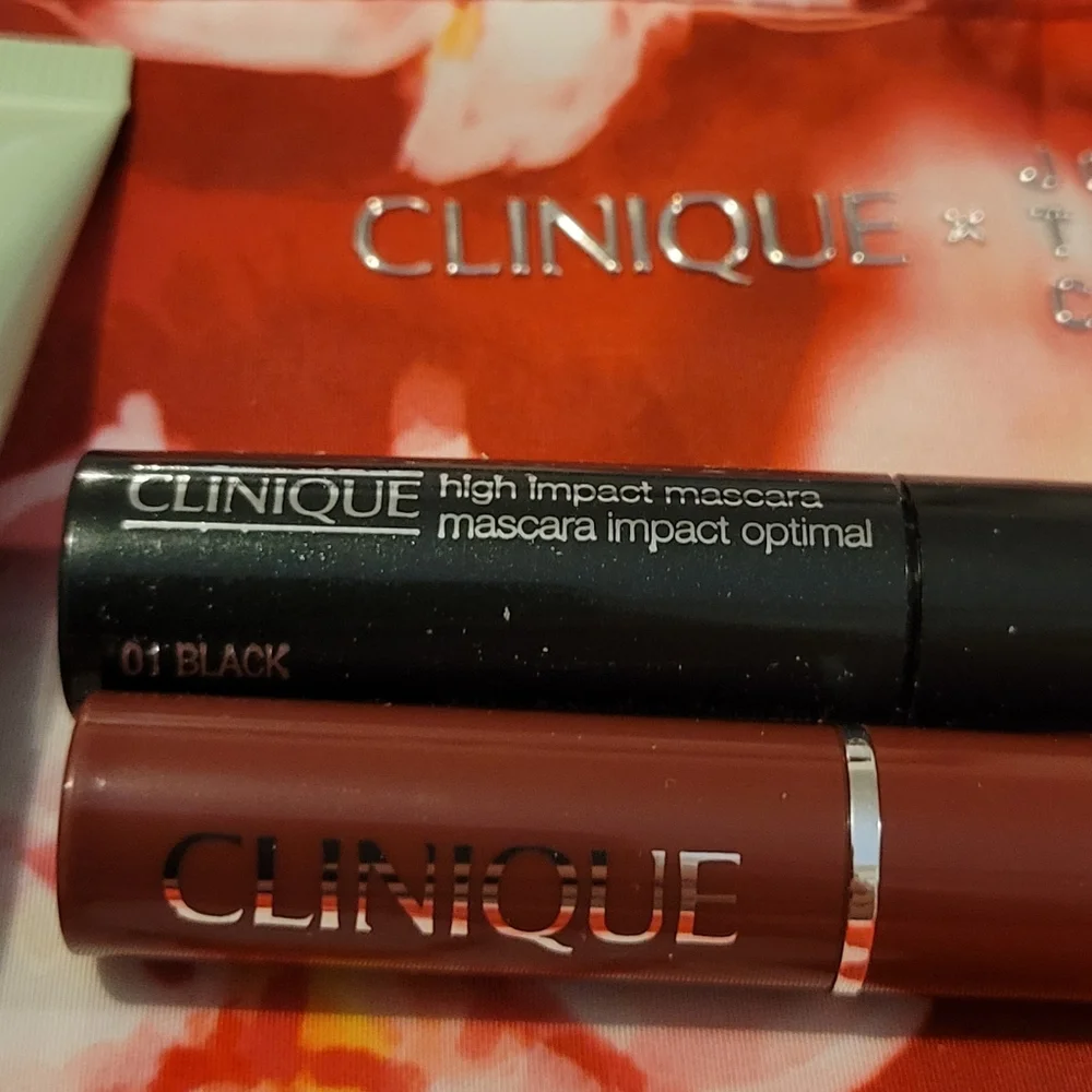 2 Clinique Jona Than Cohen Red Floral Makeup Bags & 3 Mini Clinique Products